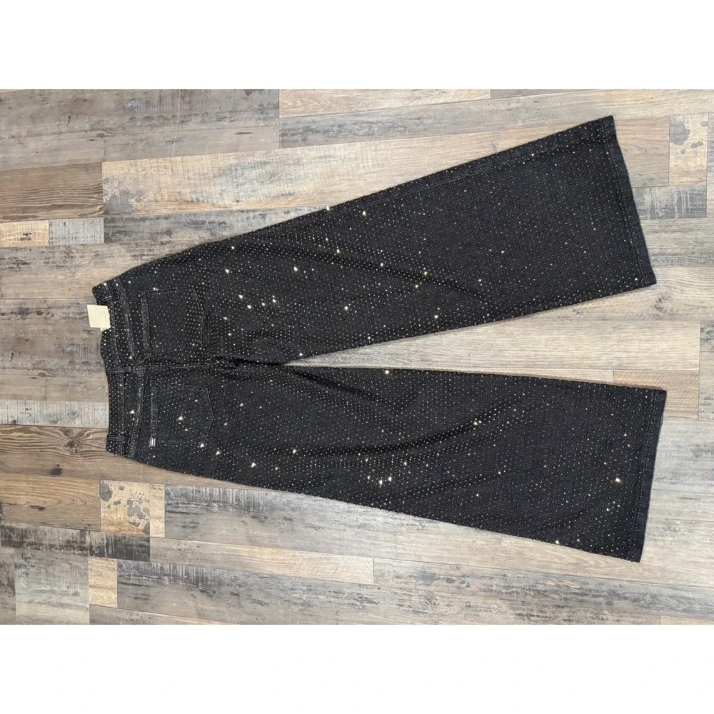 Alice and Olivia Black Gold Rhinestone Embellished Wide Leg Jeans High Rise | 28 - Picture 6 of 10